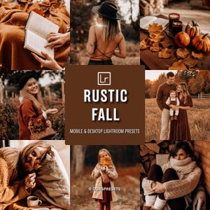 May include: A digital collection of Rustic Fall mobile and desktop Lightroom presets featuring a collage of warm-toned autumn photography including people in sweaters, pumpkins, fall foliage, and a central graphic with the text Rustic Fall.