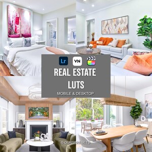 以下が含まれることがあります： 「Lr VN」、「REAL ESTATE LUTS」、「MOBILE & DESKTOP」というテキストが中央のグレーのオーバーレイに記載された、4枚のインテリアデザイン写真を含むデジタル製品ディスプレイ。画像には寝室、リビングルーム、ダイニングエリアが写っています。