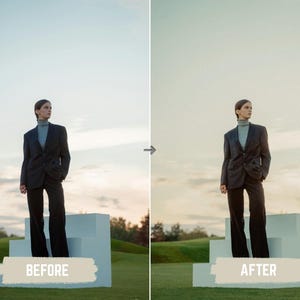 May include: A person wearing a dark gray blazer, matching pants, and a light blue turtleneck stands on a white structure against a backdrop of a blue and yellow sky. The image is a before and after comparison.