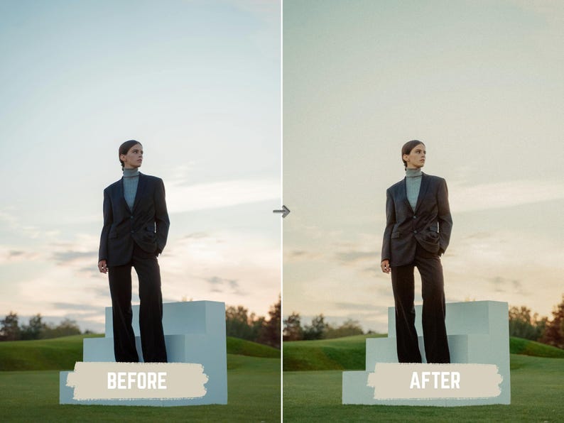May include: A person wearing a dark gray blazer, matching pants, and a light blue turtleneck stands on a white structure against a backdrop of a blue and yellow sky. The image is a before and after comparison.