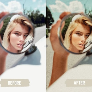 May include: A woman's face is reflected in a round mirror held in front of her. The image is split, with "BEFORE" and "AFTER" text at the bottom, showing a color and texture change. The background includes a road, trees, and a blue sky.