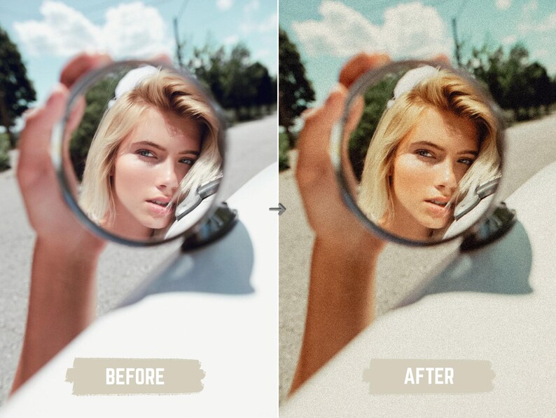 May include: A woman's face is reflected in a round mirror held in front of her. The image is split, with "BEFORE" and "AFTER" text at the bottom, showing a color and texture change. The background includes a road, trees, and a blue sky.
