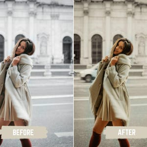 May include: A woman in a light-colored coat and skirt stands on a city street in front of a large building. The image is split, with "BEFORE" and "AFTER" text at the bottom, showing a color adjustment.