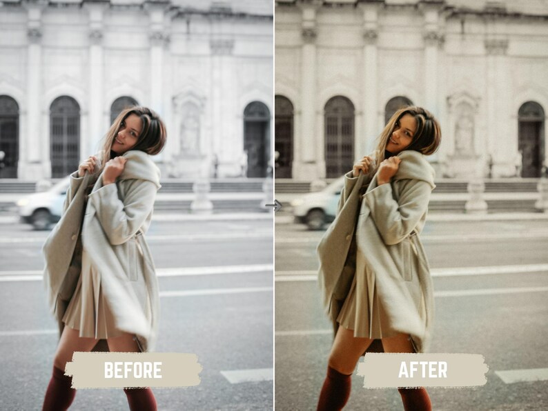 May include: A woman in a light-colored coat and skirt stands on a city street in front of a large building. The image is split, with "BEFORE" and "AFTER" text at the bottom, showing a color adjustment.