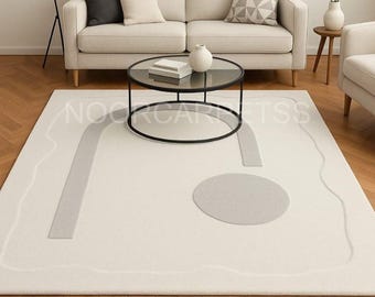 Minimalist Geometric Area Rug – Modern Hand-Tufted Wool Carpet in Cream & Grey – Soft Neutral Accent for Living Room or Bedroom