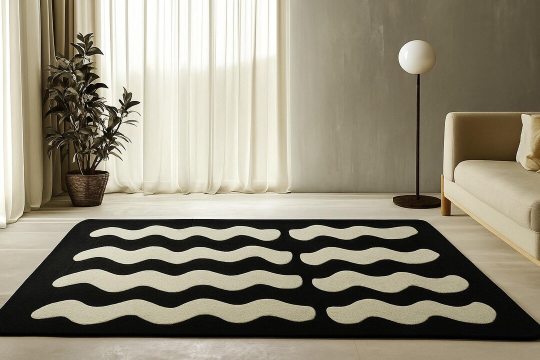 Monochrome Patterned Rug Monochrome Waves: Modern Black and White Rug in Minimalist Living Room ...