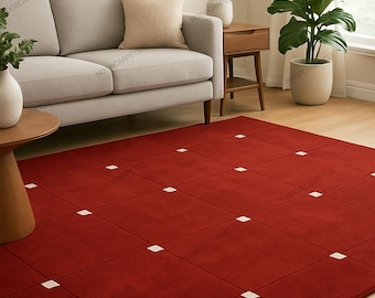 10x14 Vintage Red Grid Wool Rug 8x10 Hand Tufted Premium White Square Design Rug for Bedroom Living Room Nursery Room Minimalist Home Decor