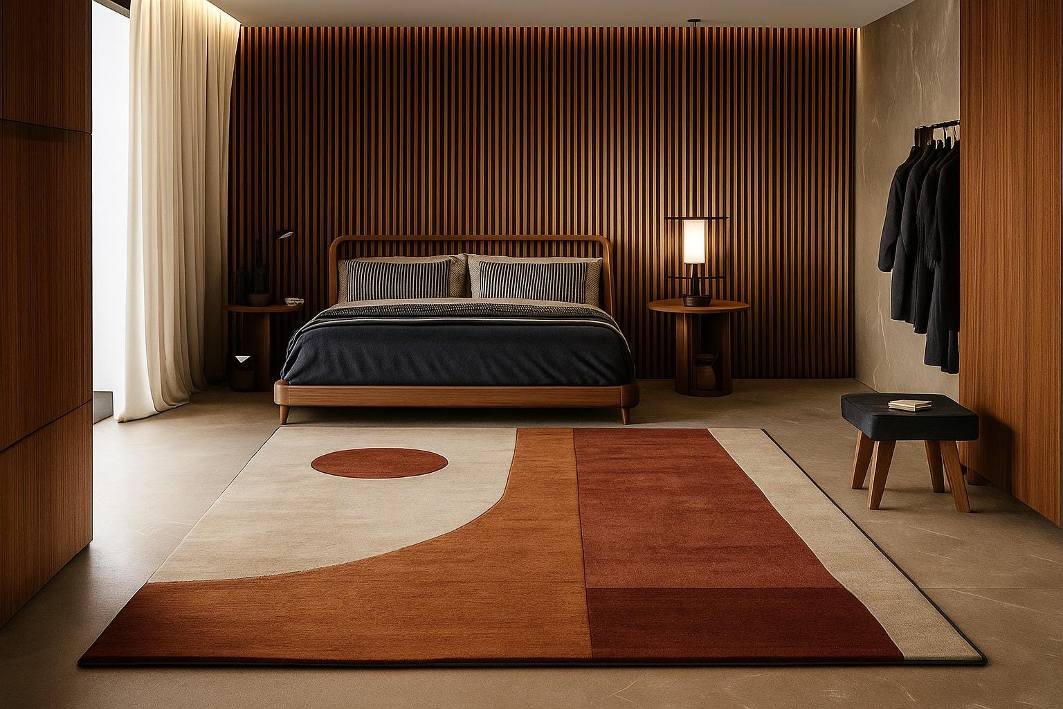 Mid Century Modern Area Rug – Minimalist Geometric Carpet in Beige & Rust – Retro Abstract Floor Rug for Bedroom or Living Room Decor