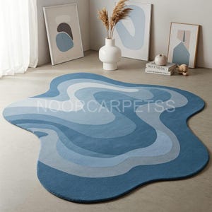 Modern Wavy Blue Abstract Rug – Hand-Tufted Irregular Shaped Wool Carpet for Living Room, Bedroom or Studio | Custom Sizes 5x8 6x9 7x10 9x12