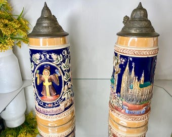 Authentic German Gerz Steins Pair - Handcrafted Cobalt Blue & Pewter Lids - Set of 2