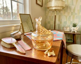 Vintage Jeannette Glass Scottie Dog Powder Jar Marigold Carnival Glass Trinket Box