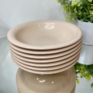 May include: A stack of six light pink ceramic bowls. The bowls have a rounded shape with a slightly flared rim. The bowls are stacked on a reflective surface, with a plant in a white pot in the background.
