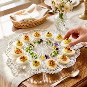 May include: A clear glass serving platter with a scalloped edge holds deviled eggs, garnished with herbs and spices. The eggs are arranged around a central design, with small flowers and greenery. A hand reaches for an egg.