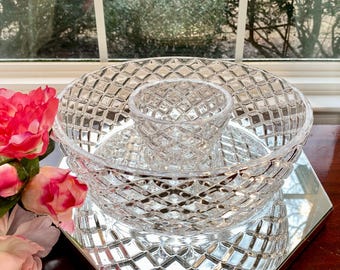 Vintage Heavy 2-Piece Diamond-Cut Crystal Chip and Dip Set - Large 10.5" Serving Bowl