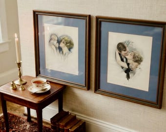Pair of Authentic Harrison Fisher Lithographs – "The First Kiss" & "Baby Mine" – Framed Cosmopolitan Magazine Premiums