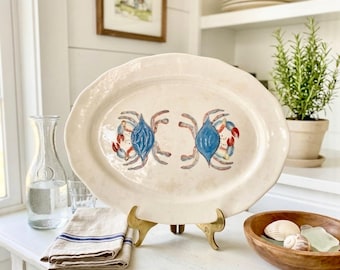 Vintage Beachcombers Coastal Blue Crab Oval Serving Platter 17" x 13"