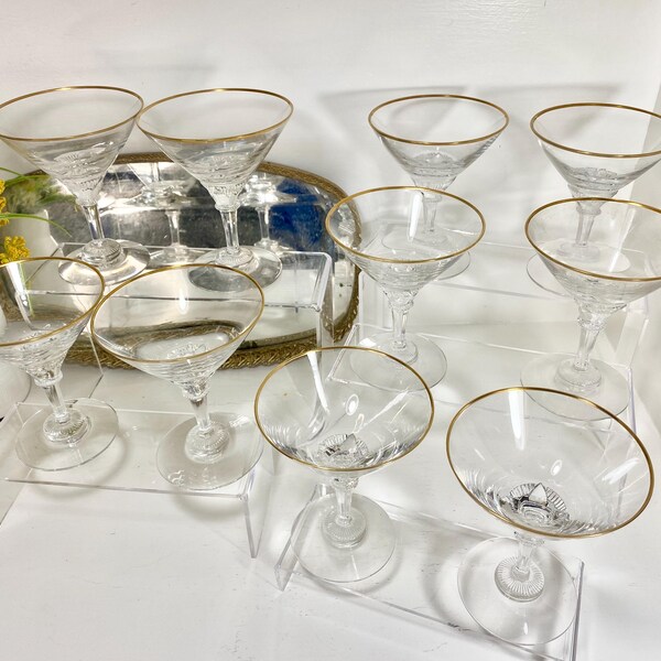 Vintage Rare Mid Century Modern Martini, Champagne or Sherbet Cockail Glasses with gold rim very ornate pressed glass stem, set of