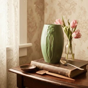 Antique Zanesville Stoneware Floral Vase, Arts & Crafts Matte Green Pottery