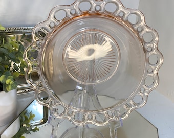 Vintage Anchor Hocking Old Colony Open Lace Edge Ribbed Pink Depression Glass Bowl