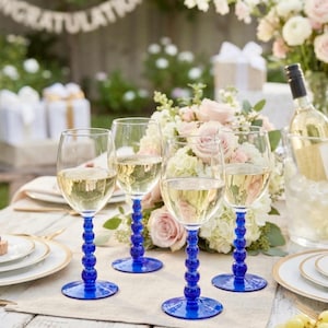 Set of 4 Cobalt Blue Stemmed Water Goblets - Mid-Century Style Bubble Knob Glassware