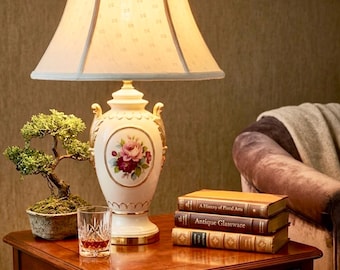 Vintage Porcelain Urn Lamp – Hand-Painted Roses, Gold Accents, Shabby Chic Floral Lighting