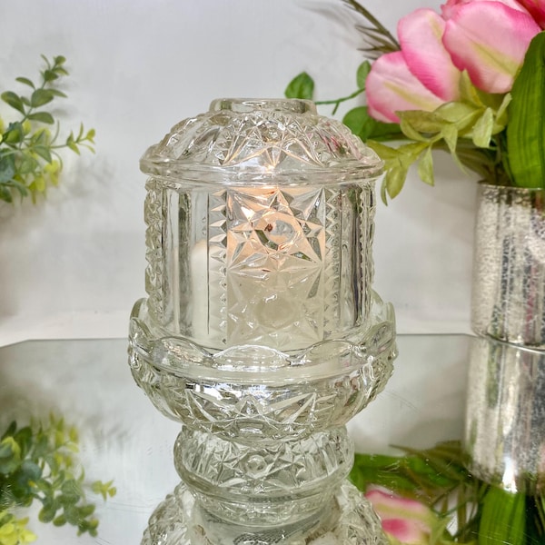 Lámpara de hadas transparente con estrellas y barras de cristal vintage de Indiana Glass de 16,5 cm (6,5 pulgadas) - Portavelas de dos piezas - Cristal prensado en excelente estado