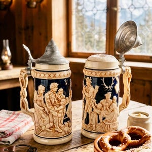 May include: Two decorative beer steins with detailed relief carvings of people in traditional clothing. The steins have pewter lids and ornate handles. A pretzel and mustard are on the wooden table.