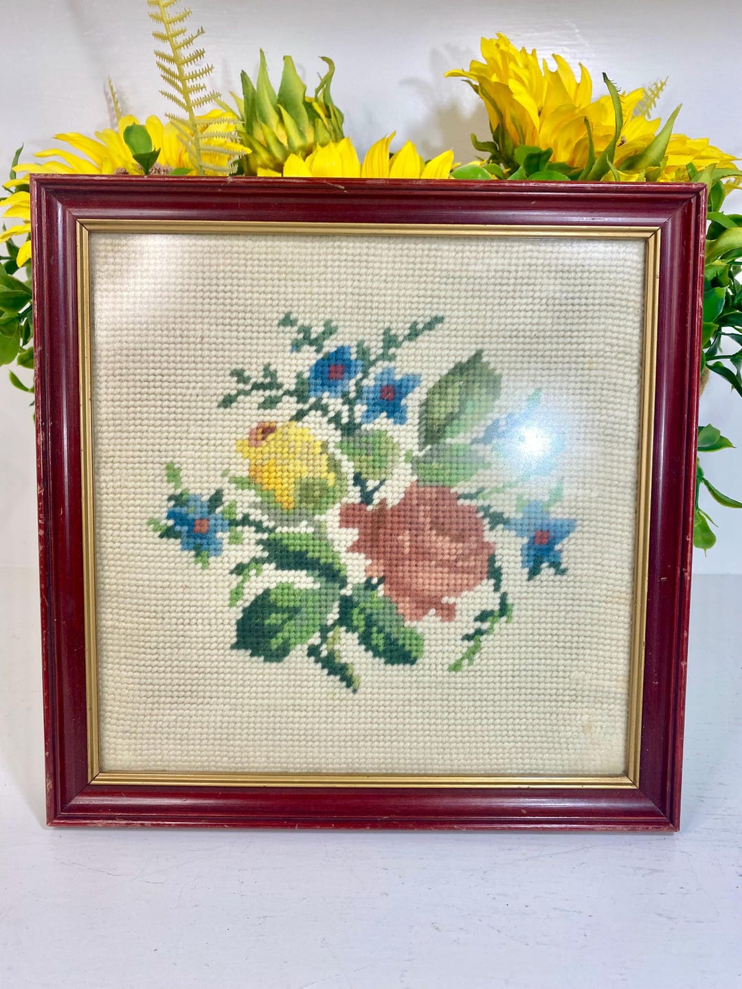 Vintage Floral Needlepoint Art – Yellow Roses, Blue Cornflowers, Custom ...