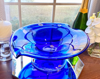 Hand Blown Cobalt Blue Glass Compote | MCM Murano Style Centerpiece