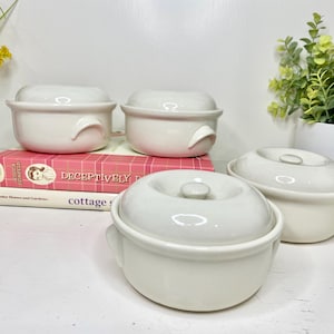 NOS Hall China White Mini Casseroles Set of 4 Vented Lids USA Ovenproof Stoneware