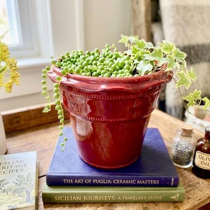 Nicola Fasano Grottaglie Italy Red Ruffled Ceramic Planter Vase, Handmade Italian Pottery Deep Ruby Glazed Scalloped Pot, Schizzato Splatter