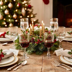 May include: A holiday table setting featuring clear wine glasses with a holly and berry pattern, white plates with gold rims, linen napkins tied with red velvet ribbons and holly sprigs, and a central evergreen wreath with gold taper candles.