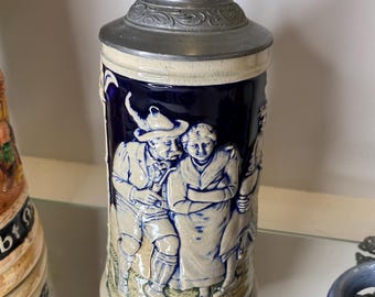 Authentic Reinhold Merkelbach German Stein – Cobalt Blue Relief Stoneware, Pewter Lid (Mold 3393)