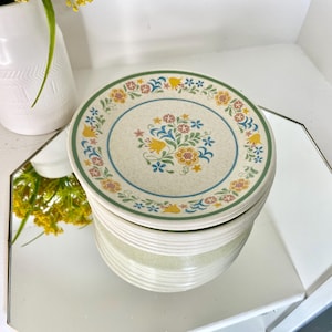 May include: A stack of vintage ceramic plates with a floral design. The plates have a cream-colored background with a green border and a central floral pattern in yellow, blue, and pink. The plates are stacked on a mirrored surface.