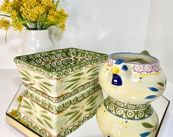 Retired Temp-tations Chicken Soup Bowl & 5x7 Loaf Pan in Ceramic Old World Green Pattern