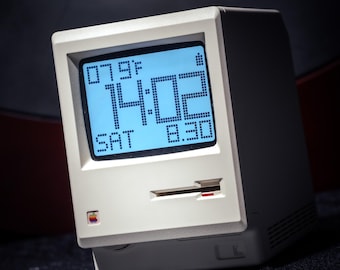 Retro Macintosh Style Digital Clock Display Temperature Smile Face Boot by Floppy Disk Design Vintage Tech Nerdy Gamer Birthday Xmas Gift