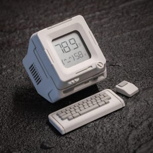 Puede incluir: Un ordenador blanco de estilo retro con una pantalla que muestra 26.1°C y 58% de humedad. Incluye un teclado y un ratón a juego. El diseño recuerda a la tecnología vintage.