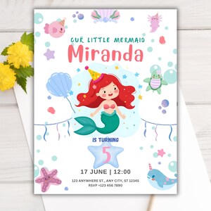 Geburtstagseinladung „Arielle, die Meerjungfrau“ | Bearbeitbare Canva-Vorlage | Einladung zur Unterwasserparty | Sofort-Download | Geburtstagskarte für Mädchen
