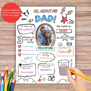 Doe-het-zelf cadeau voor Vaderdag | Alles over mijn vader | Vragenlijst voor Vaderdag van kinderen | Doe-het-zelf kleurkaart en invulactiviteit cadeau
