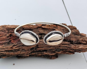 2 Cowrie Shell Silver Bangle | Handmade Tribal Bracelet | Beach Boho Jewelry | 925 Sterling Silver Jewelry |Gift for her