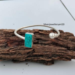 925 Sterling Silver Bangle Turquoise Bangle – Adjustable Gemstone Bracelet Cuff Bracelet Handmade Sterling Silver Turquoise Bangle