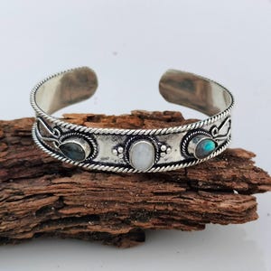 925 Sterling Silver Labradorite & Moonstone Bangle | Handmade Adjustable Two-Stone Cuff | Boho Spiritual Jewelry Gift for Her