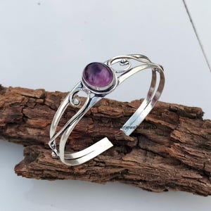 Amethyst Silver Bangle | 925 Sterling Gemstone Bracelet | February Birthstone Jewelry | Adjustable Boho Jewelry | Birthday Gift for Her