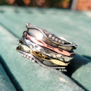 Triple Tone Spinner Ring | Silver Copper Brass Meditation Ring | Fidget Band Ring for Anxiety Relief |   Mixed Metal Meditation Ring |