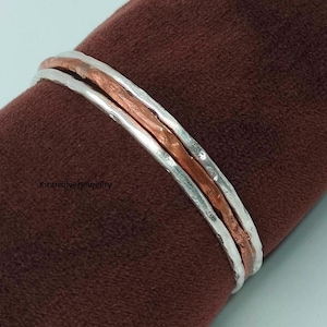 Silver and copper bangle set,3 metal bangle set, Hammered copper silver bangle, Stacking bangles silver copper bangle , Gift for her
