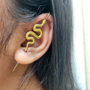 Snake bar earing, gold snake needle earing , cute unique earing , brass earing , Serpent Ear Pin Snake Earing , pin earing , Gift for her