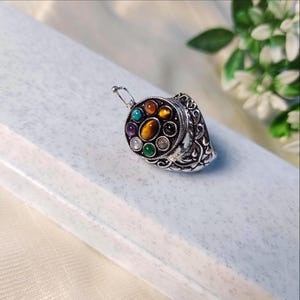 Mystic Chakra Gemstone Prayer Ring – Silver Secret Box Ring ,tiger eye chakra ring , 9 multicolor gemstone , brass ring