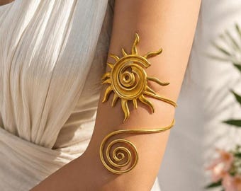 Pulseira de Braço Espiral Solar – Bracelete Dourado Feito à Mão para Mulheres – Ajustável, Ideal para Festivais e como Joia Marcante, Bracelete de Latão