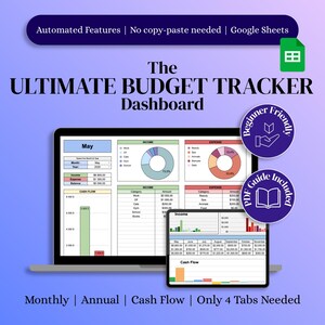 May include: A digital budget tracker dashboard shown on a laptop and tablet. The dashboard displays financial data, charts, and graphs. Text on the image includes "The Ultimate Budget Tracker Dashboard" and "Beginner Friendly".