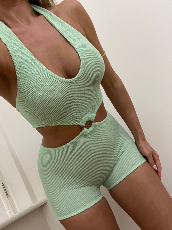 Cut Out Ring Waist Shorts Unitard / Romper With Plunge Neck & Back in  Pastel Green Crinkle / Super Stretchy 